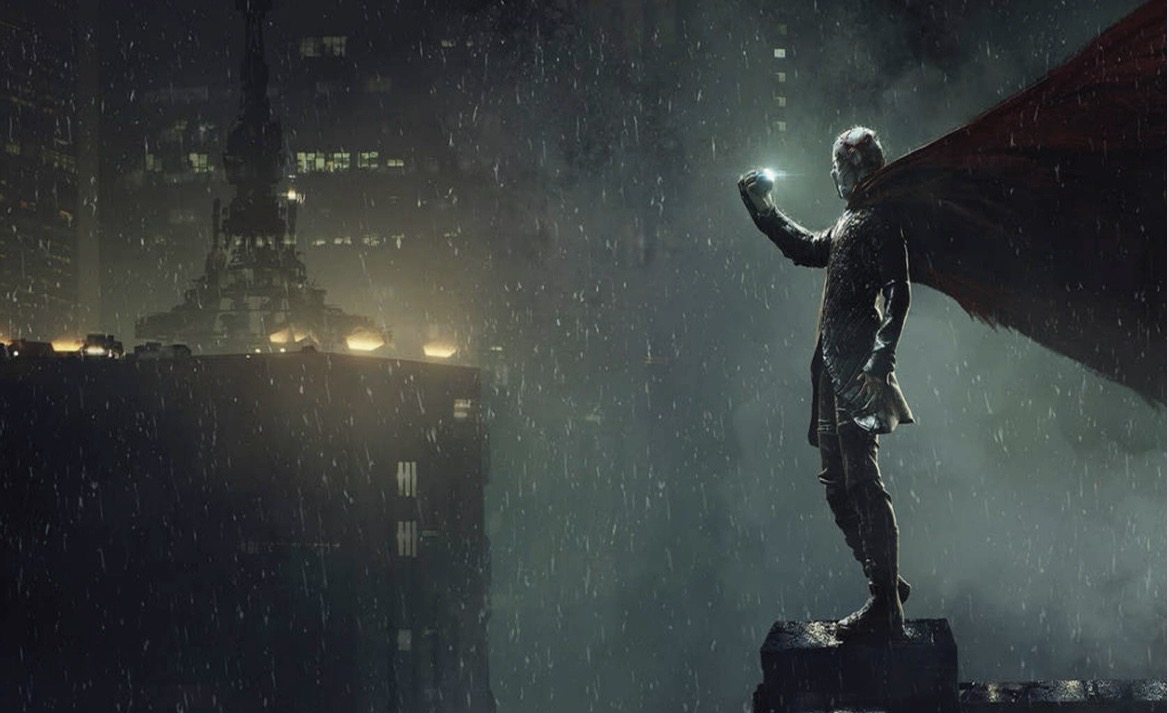 A caped ruler holding a glowing vial of Elixir above the rain-soaked city