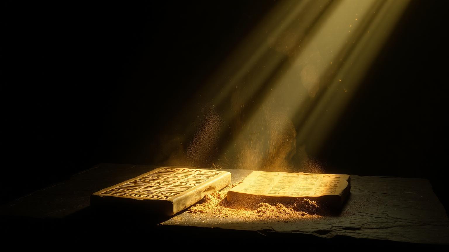 Ancient Sumerian clay tablets glowing in a shaft of light