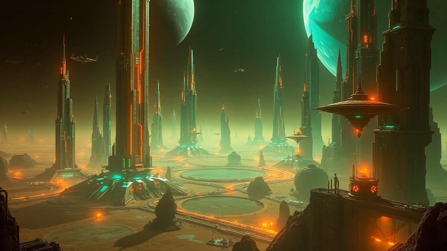 Spacescrapers of Megatropolis rising into low orbit