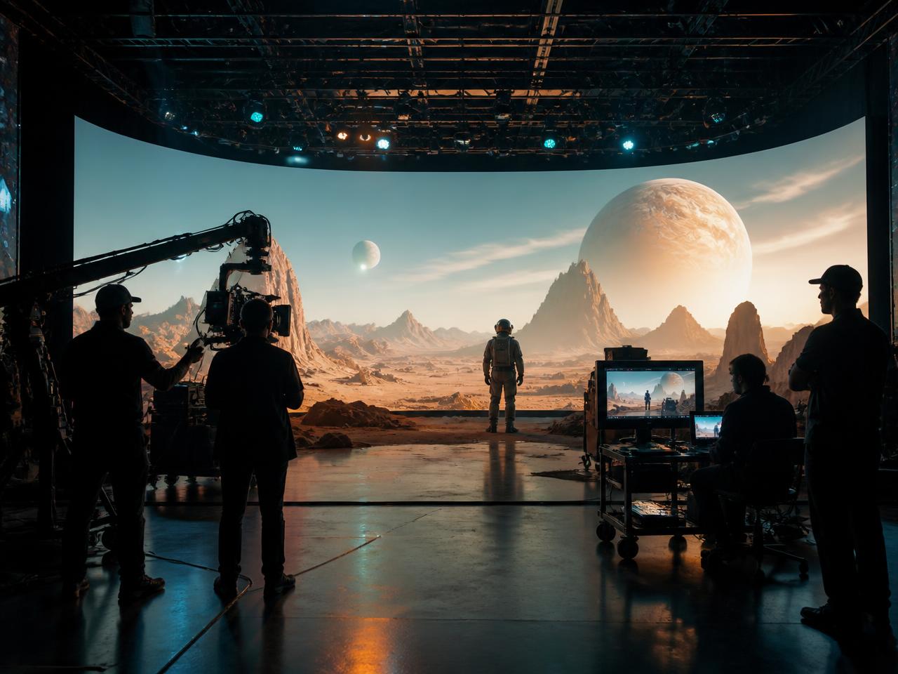 Virtual production LED volume stage rendering an alien world in real time